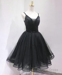 Black Tulle Beads Short Prom Dress, Black Homecoming Dress