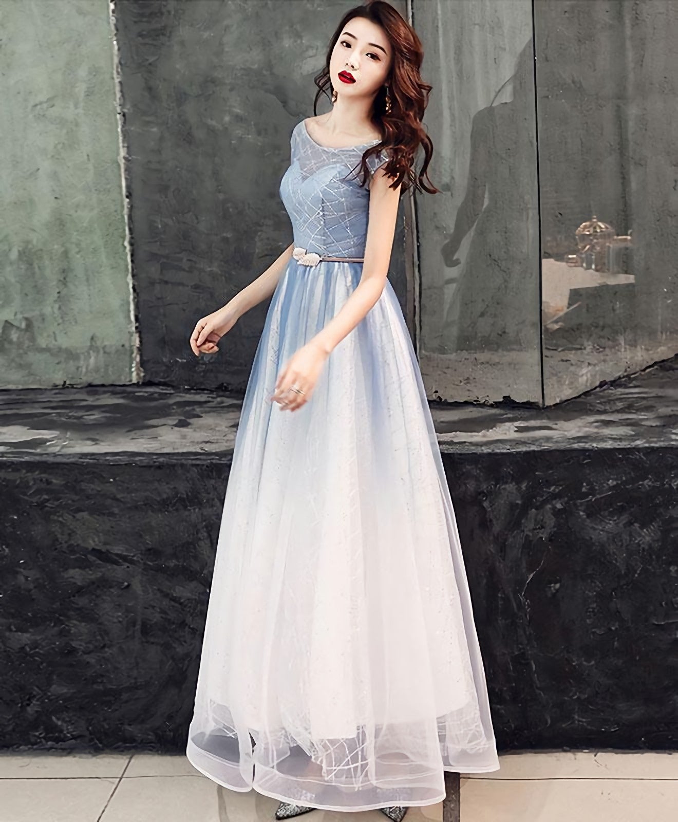 Blue Round Neck Tulle Long Prom Dress, Blue Tulle Prom Dresses