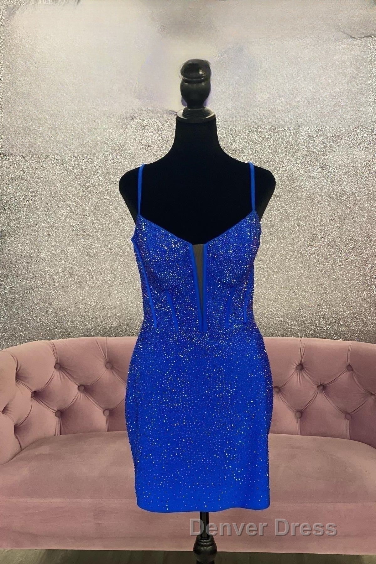 Royal Blue Beaded Sheath Deep V Neck Homecoming Dresses