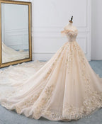 Champagne Off Shoulder Tulle Lace Long Wedding Dresses, Wedding Gown