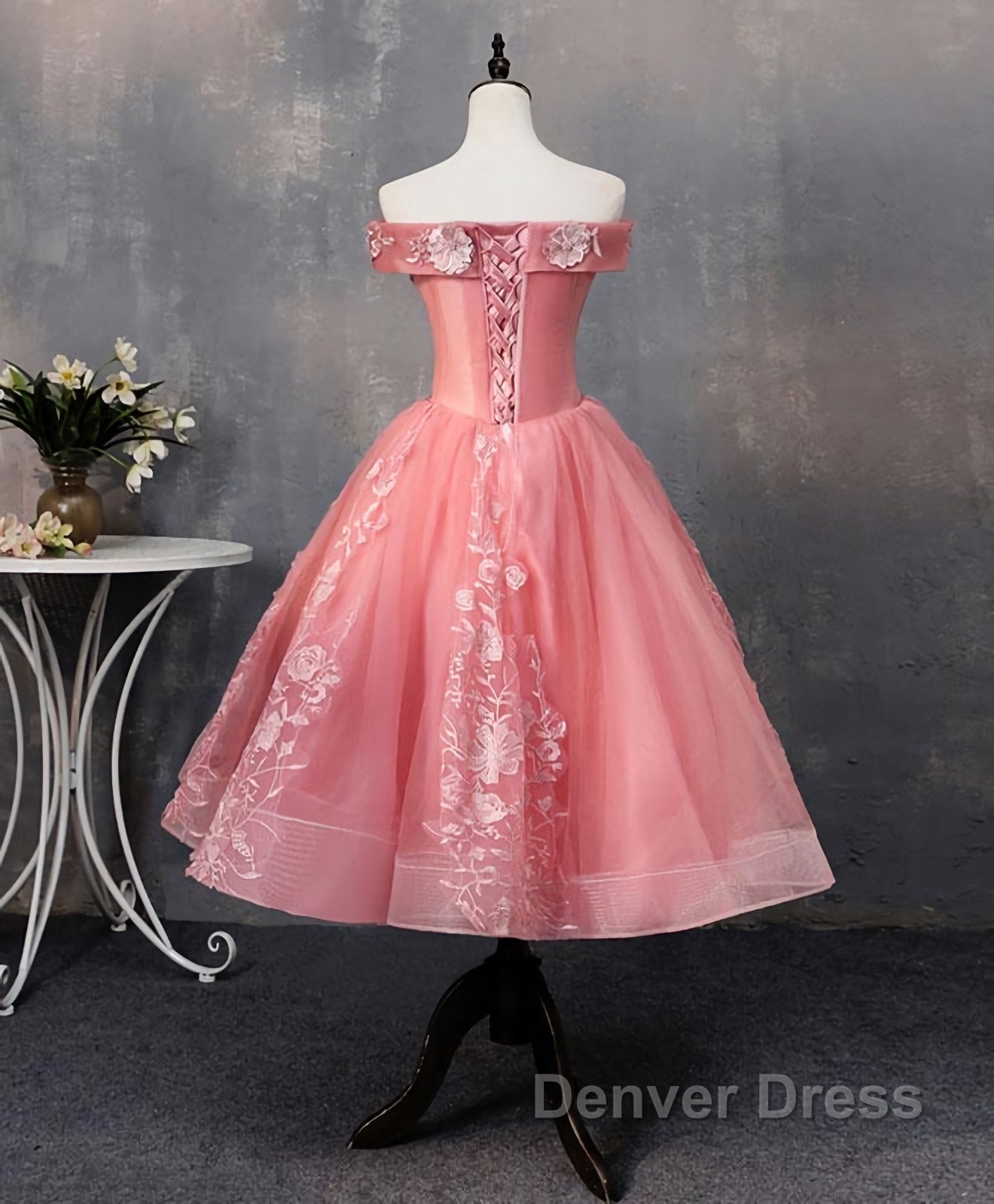 Pink Tulle Lace Off Shoulder Short Prom Dress, Pink Homecoming Dresses Secondary image