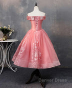 Pink Tulle Lace Off Shoulder Short Prom Dress, Pink Homecoming Dresses