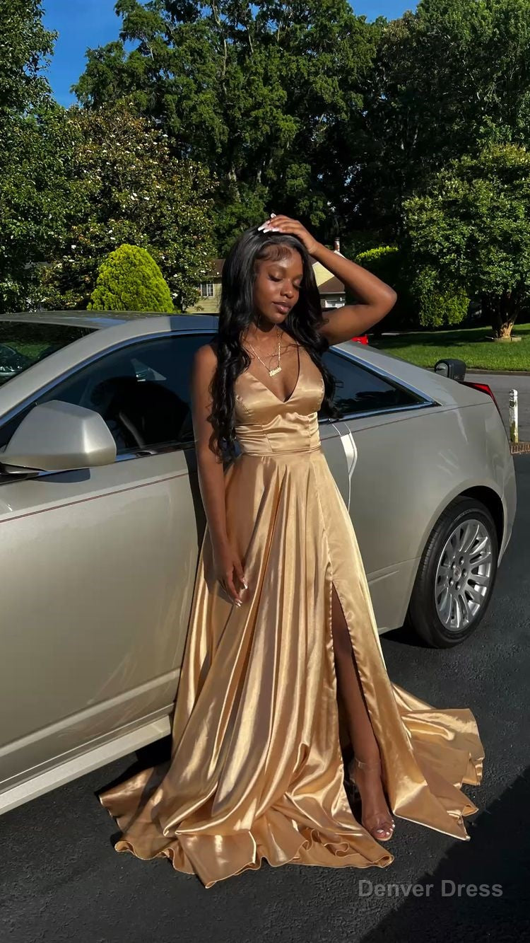 A Line V Neck Gold Prom Dress, Sleeveless Satin Long Prom Dresses