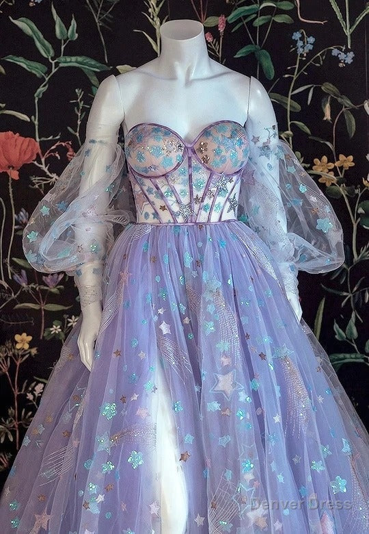 Light Purple A Line Tulle Floral Off Shoulder Sweetheart Prom Dresses