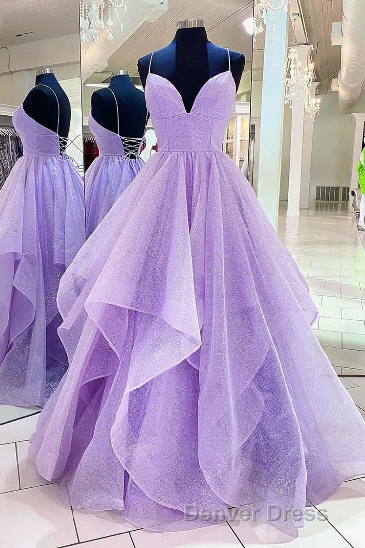 Purple V Neck Sleeveless A Line Tulle Sequin Prom Dresses Secondary image
