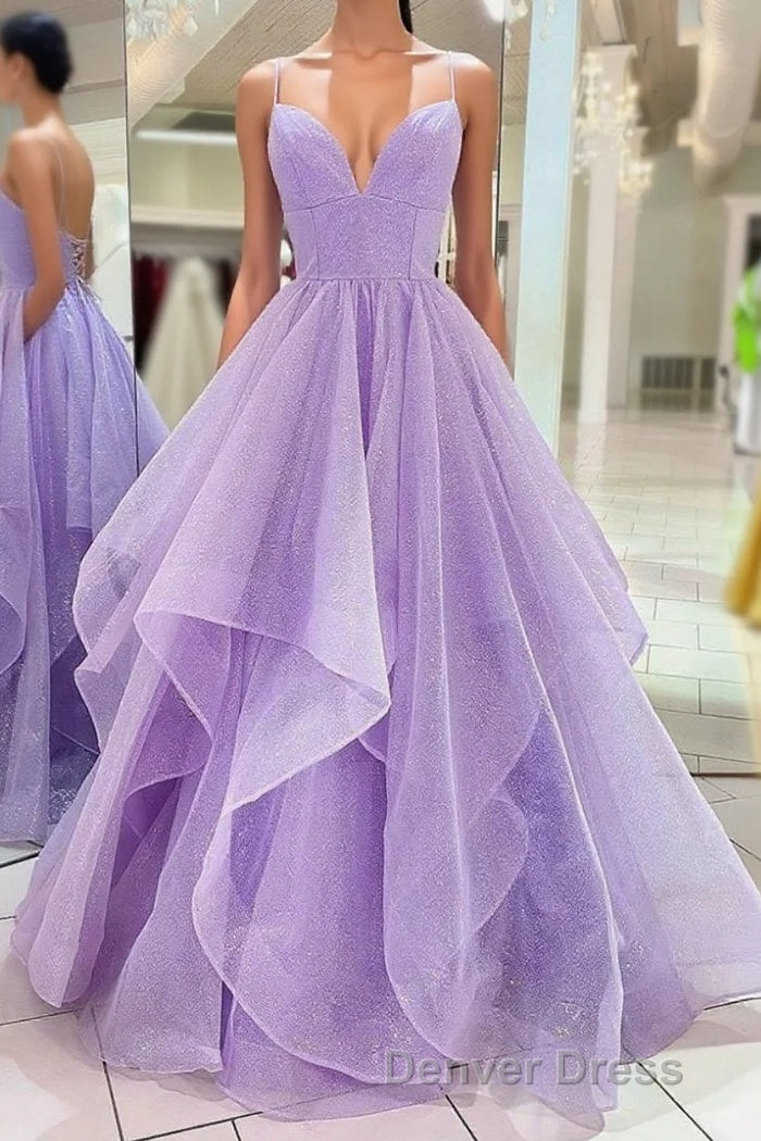 Purple V Neck Sleeveless A Line Tulle Sequin Prom Dresses Main image