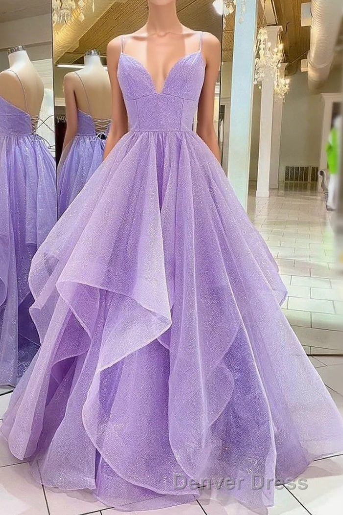 Purple V Neck Sleeveless A Line Tulle Sequin Prom Dresses Main image