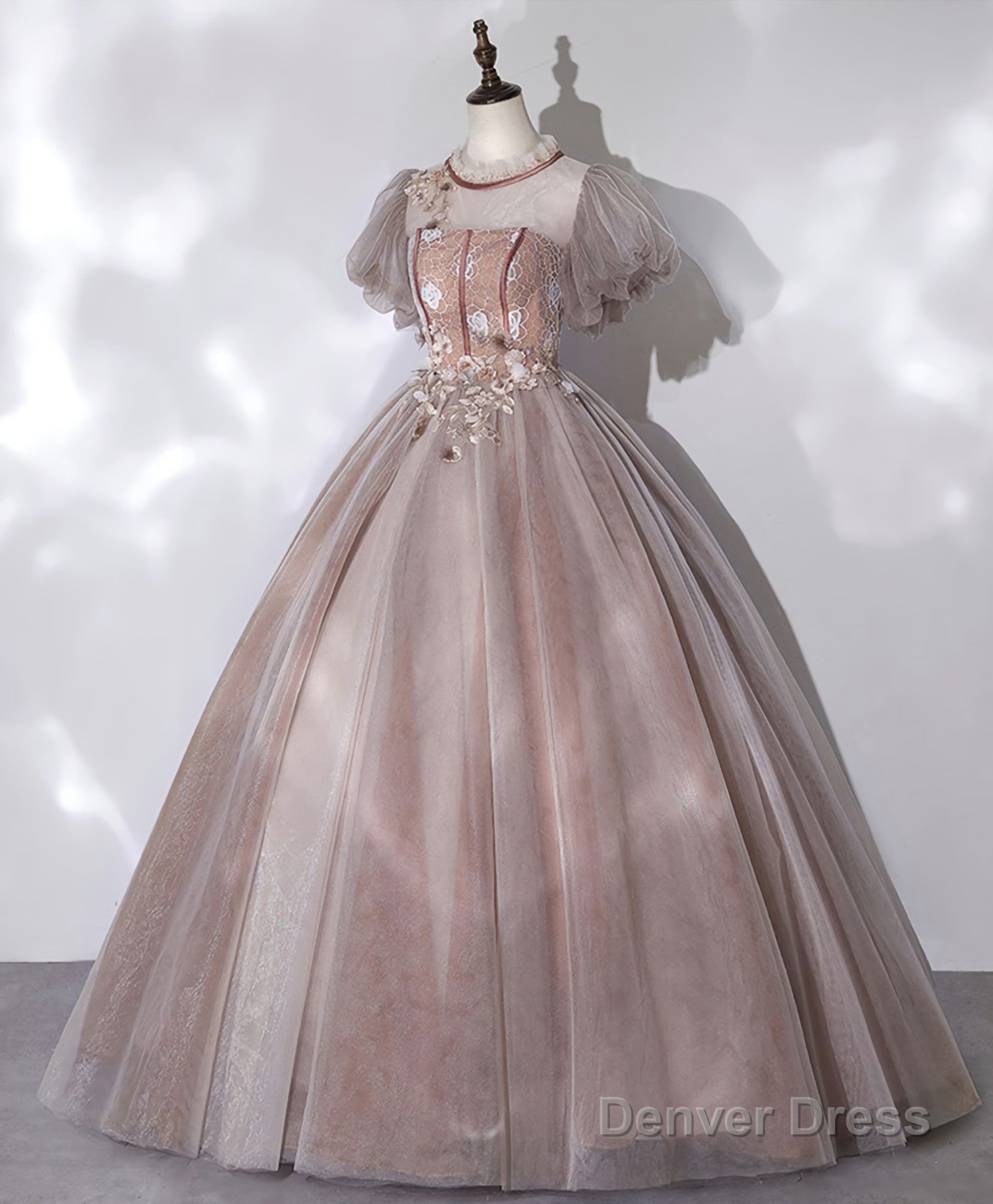 Pink Tulle Lace Long Prom Dress, Pink Lace Sweet 16 Dresses, 1