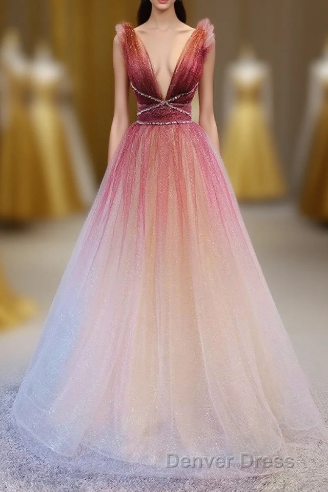 A-Line Burgundy V Neck Tulle Sequin Long Prom Dresses Burgundy Evening Dresses Main image