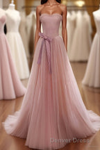 Simple Pink Tulle Long Prom Dress, Pink Tulle Prom Dresses, 1