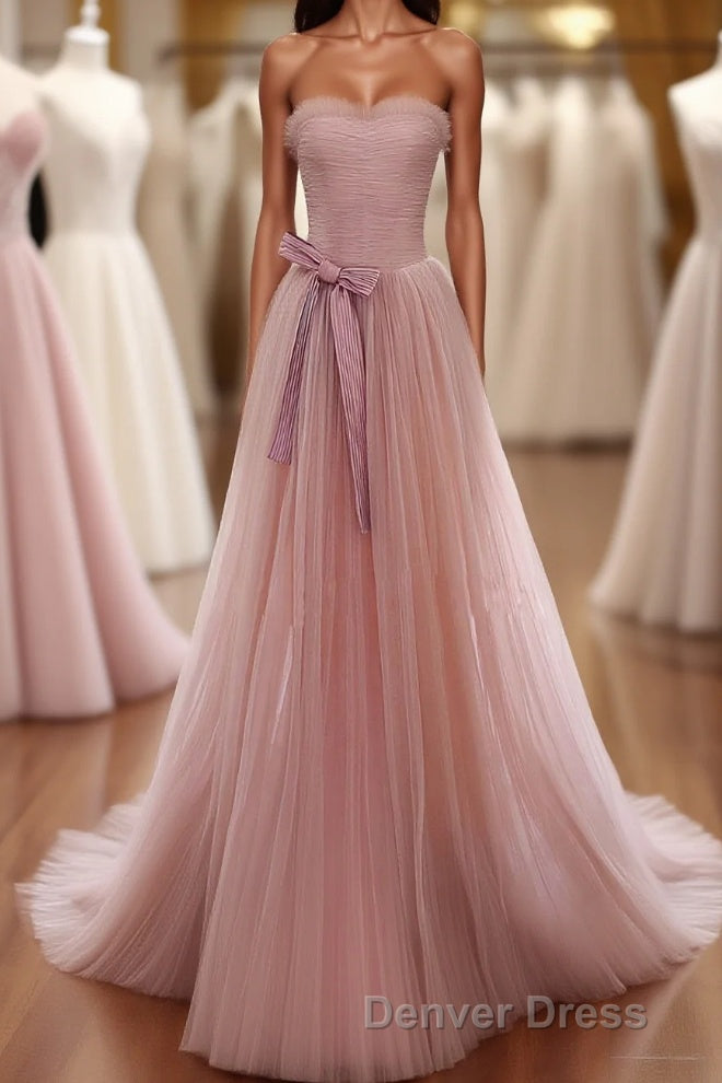 Simple Pink Tulle Long Prom Dress, Pink Tulle Prom Dresses, 1