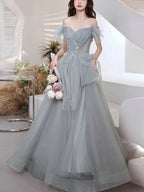 Gray Blue Sweetheart Neck Tulle Long Prom Dress Gray Prom Dresses