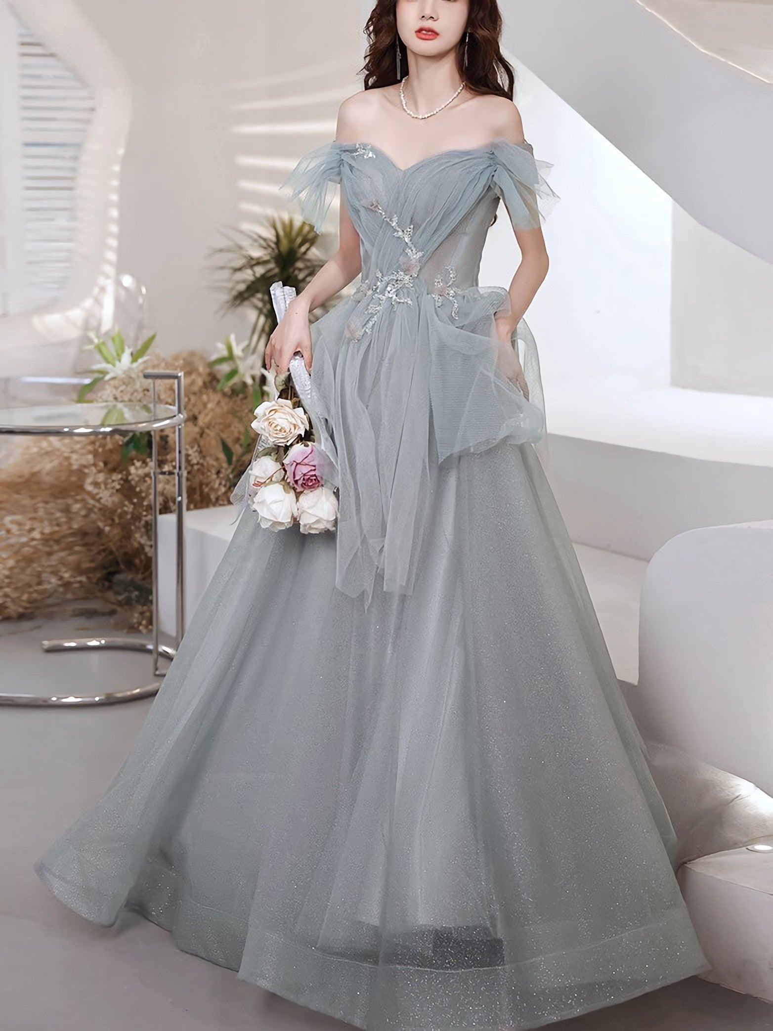 Gray Blue Sweetheart Neck Tulle Long Prom Dress Gray Prom Dresses
