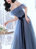 Gray Blue Tulle Long Prom Dress Gray Blue Tulle Prom Dresses