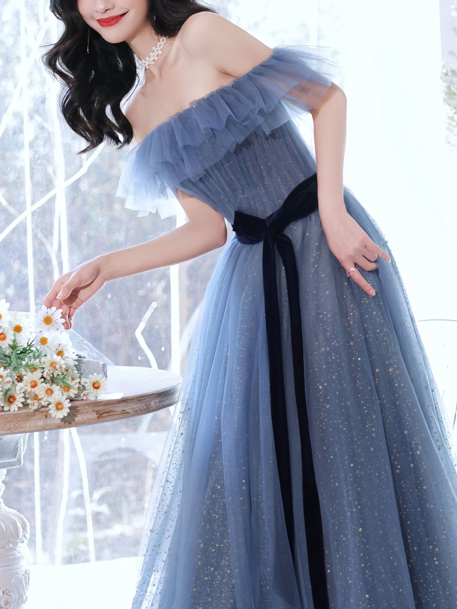 Gray Blue Tulle Long Prom Dress Gray Blue Tulle Prom Dresses