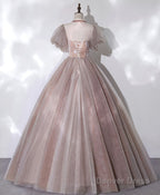 Pink Tulle Lace Long Prom Dress, Pink Lace Sweet 16 Dresses, 1