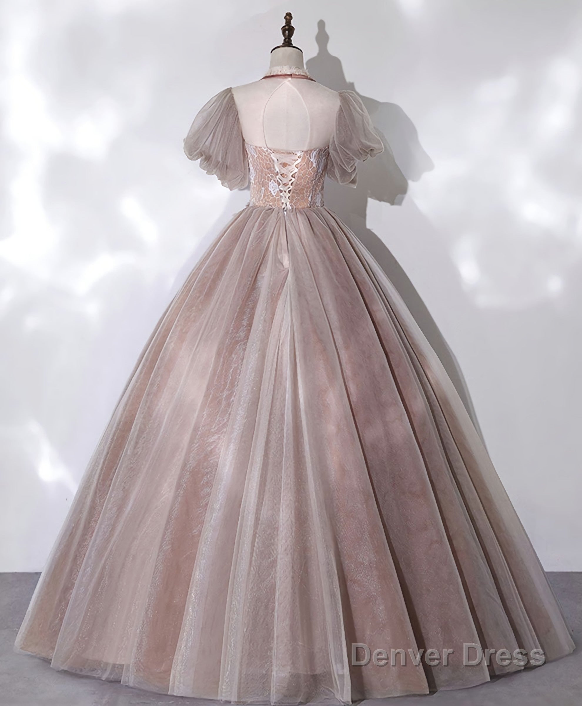 Pink Tulle Lace Long Prom Dress, Pink Lace Sweet 16 Dresses, 1