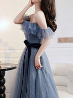 Gray Blue Tulle Long Prom Dress Gray Blue Tulle Prom Dresses
