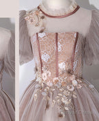 Pink Tulle Lace Long Prom Dress, Pink Lace Sweet 16 Dresses, 1