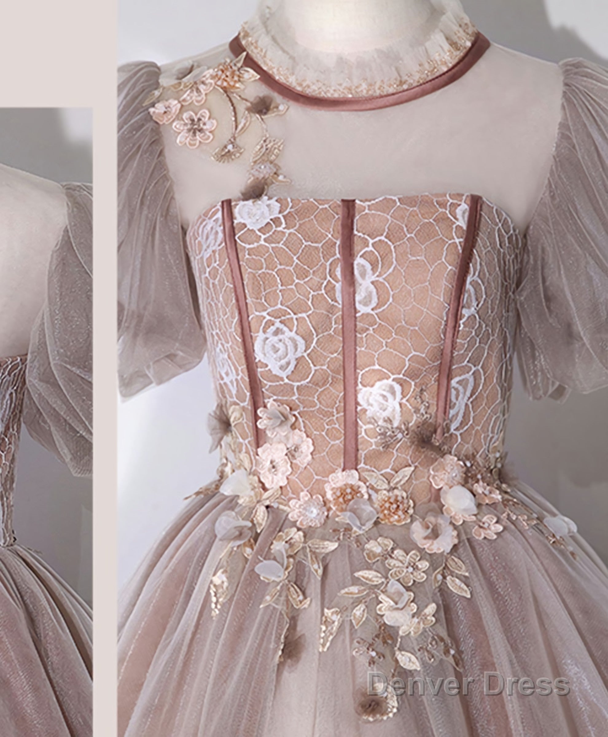 Pink Tulle Lace Long Prom Dress, Pink Lace Sweet 16 Dresses, 1