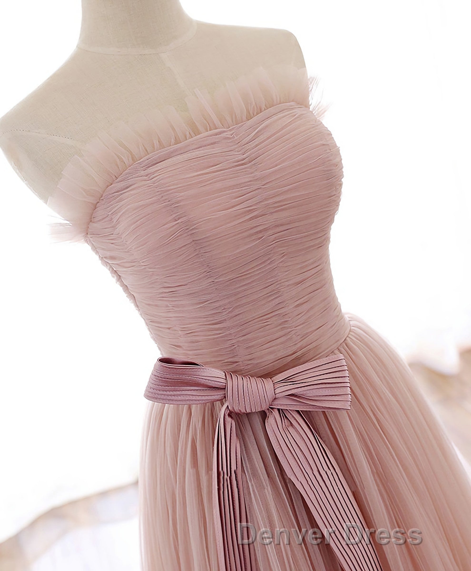 Simple Pink Tulle Long Prom Dresses, Pink Tulle Formal Dresses, 1