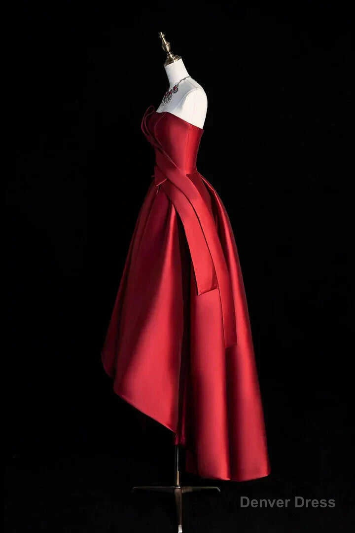 Burgundy Strapless Satin Prom Dress, A Line High Low Prom Dresses Secondary image