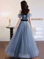 Gray Blue Tulle Long Prom Dress Gray Blue Tulle Prom Dresses