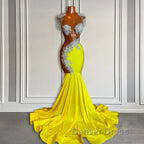 Yellow Scoop Prom Dresses with Beadings and Tassels Mermaid Long