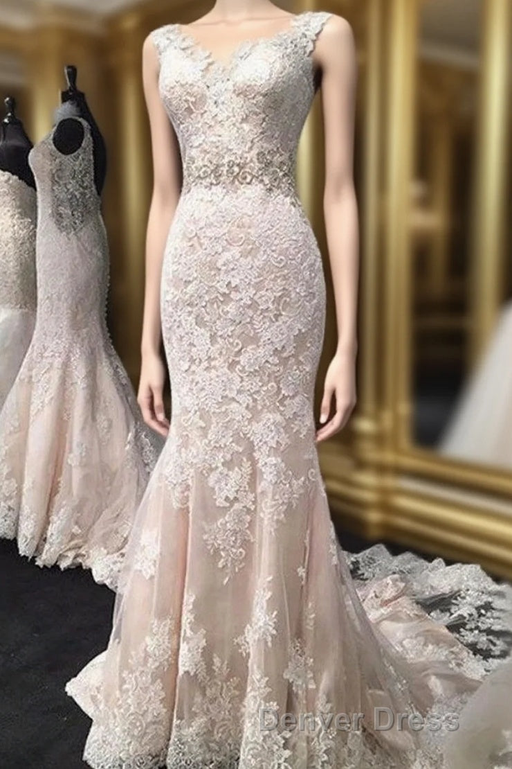 Charming Mermaid Trumpet Sleeveless Lace Appliques Wedding Dresses Main image