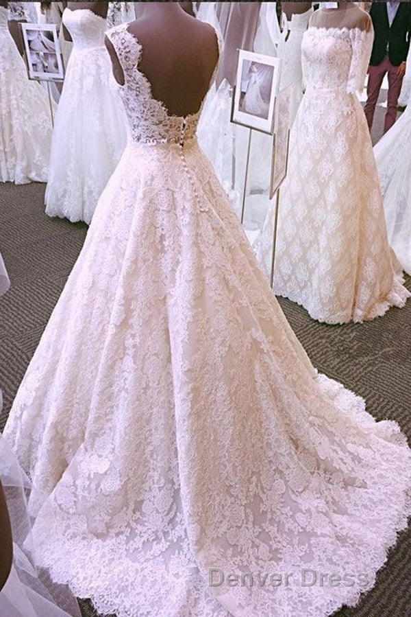 Chic Round Neck Open Back A Line Sleeveless Lace Appliques Wedding Dresses Main image