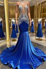 Royal Blue Halter Sleeveless Mermaid Prom Dresses With Beadings Velvet