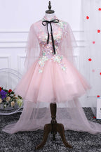 Two Piece Pink Appliques Straps A Line Short Prom Dresses