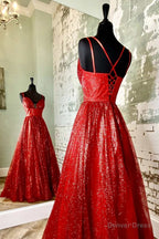 A Line Red Sequin Lace Up Long Prom Dresses