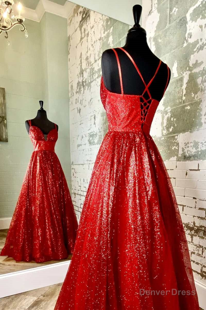 A Line Red Sequin Lace Up Long Prom Dresses