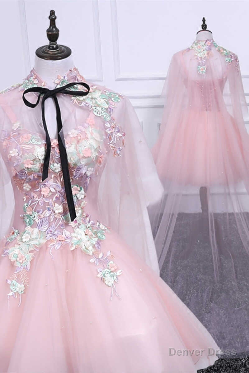 Two Piece Pink Appliques Straps A Line Short Prom Dresses