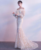 Champagne Tulle Lace Mermaid Long Prom Dress Tulle Lace Prom Dresses