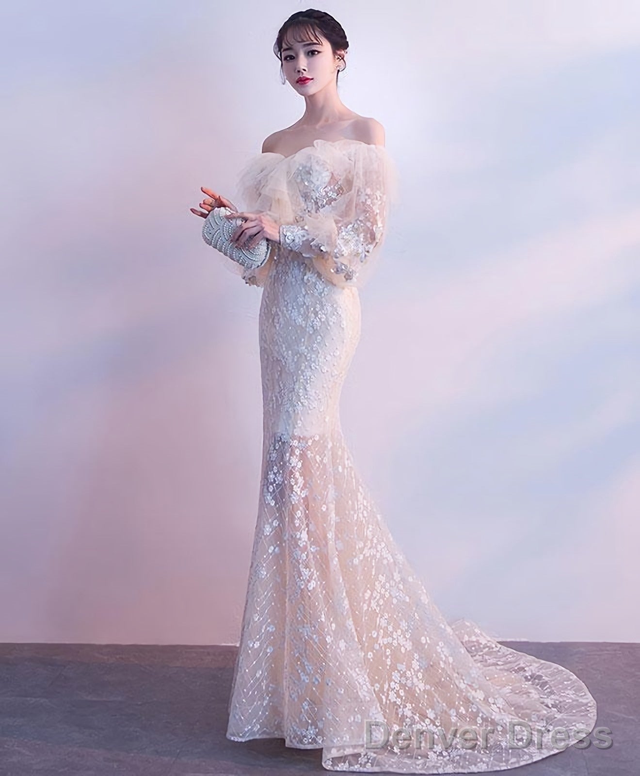 Champagne Tulle Lace Mermaid Long Prom Dress Tulle Lace Prom Dresses