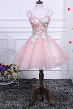Two Piece Pink Appliques Straps A Line Short Prom Dresses
