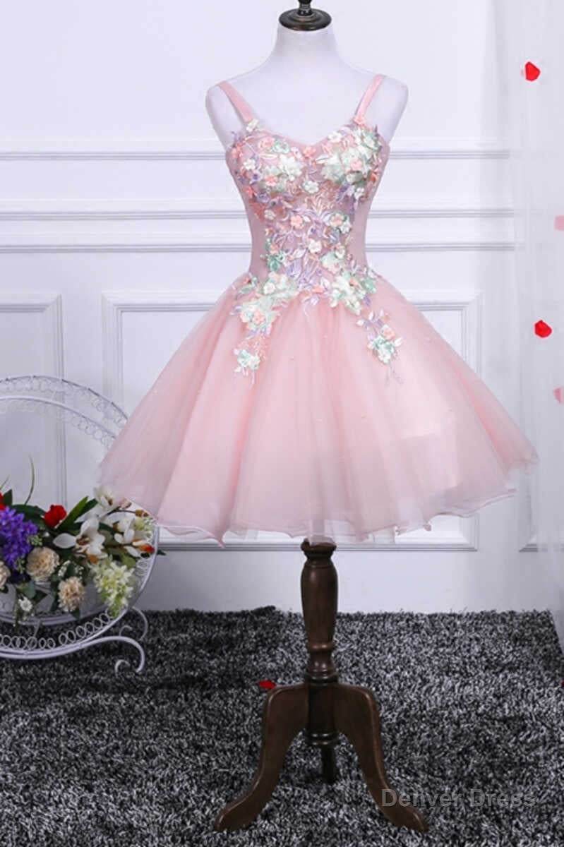 Two Piece Pink Appliques Straps A Line Short Prom Dresses