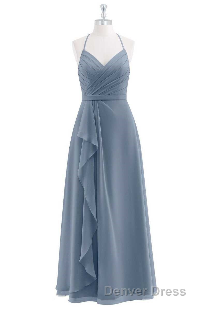 Dusty Blue Chiffon Halter Backless Ruffled Long Bridesmaid Dresses