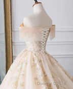 Champagne Off Shoulder Tulle Lace Long Wedding Dresses, Wedding Gowns