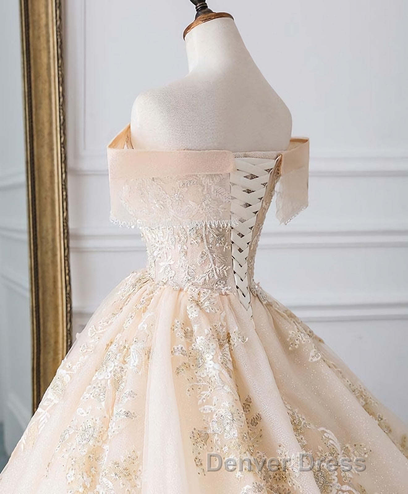 Champagne Off Shoulder Tulle Lace Long Wedding Dresses, Wedding Gowns
