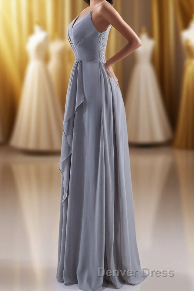 Silve Chiffon A Line Ruffles Long Bridesmaid Dresses