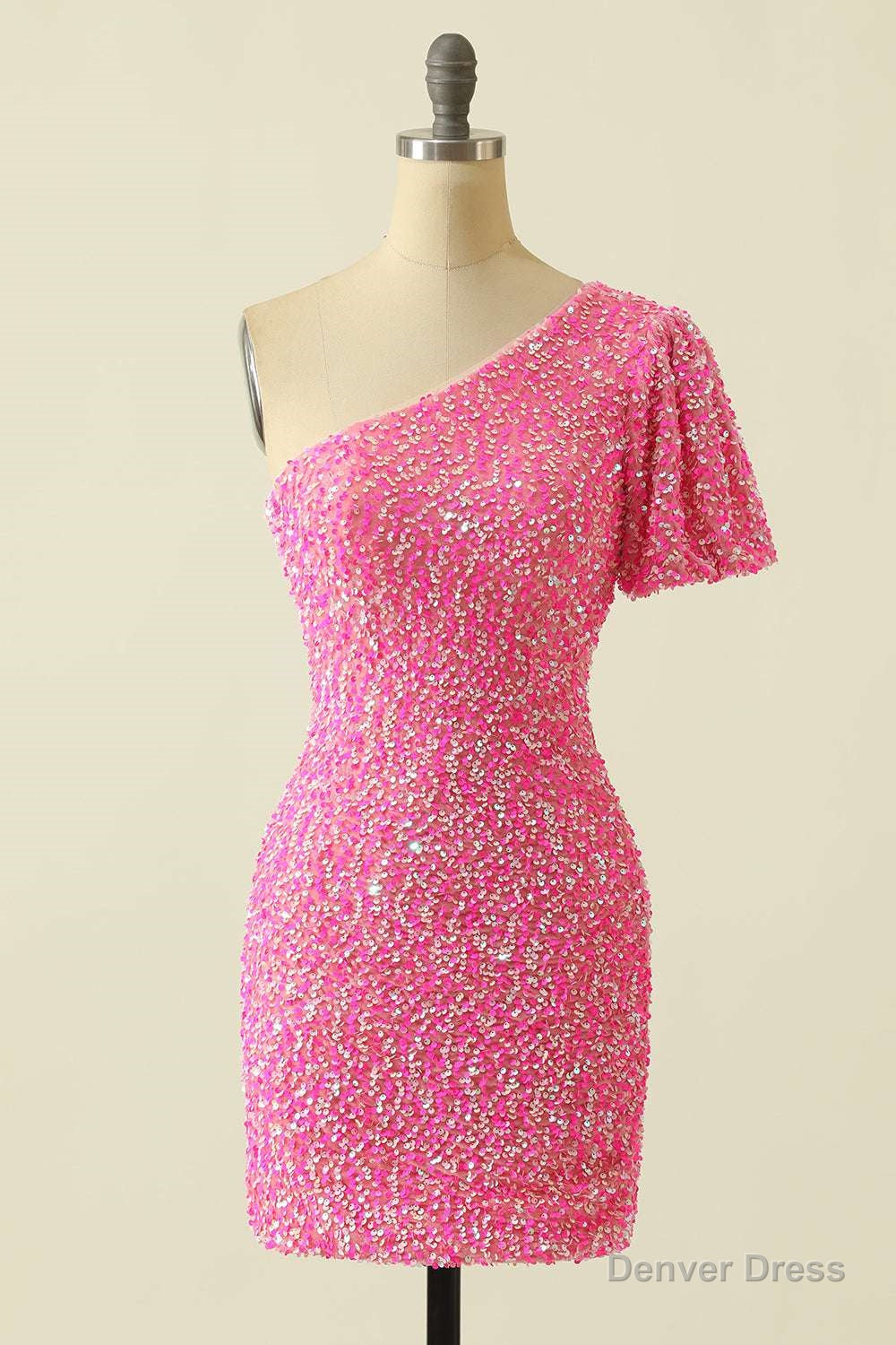 Pink Sequin One Sleeve Bodycon Homecoming Dresses Main image