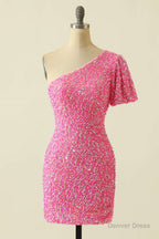 Pink Sequin One Sleeve Bodycon Homecoming Dresses
