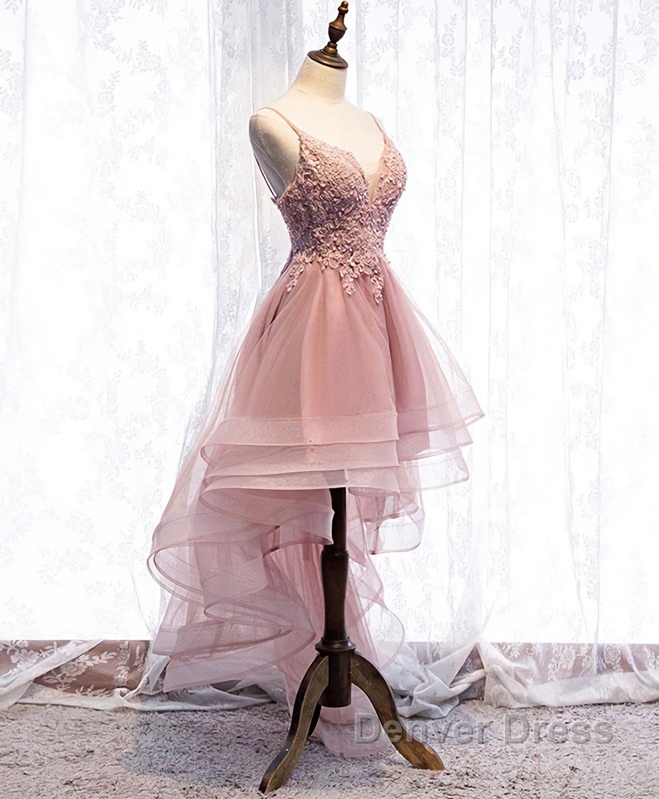 Pink Tulle Lace High Low Prom Dresses, Pink Homecoming Dresses, 1