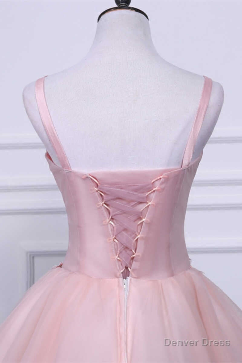Two Piece Pink Appliques Straps A Line Short Prom Dresses