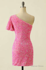 Pink Sequin One-Sleeve Bodycon Homecoming Dress