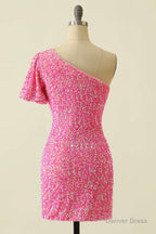 Pink Sequin One Sleeve Bodycon Homecoming Dresses
