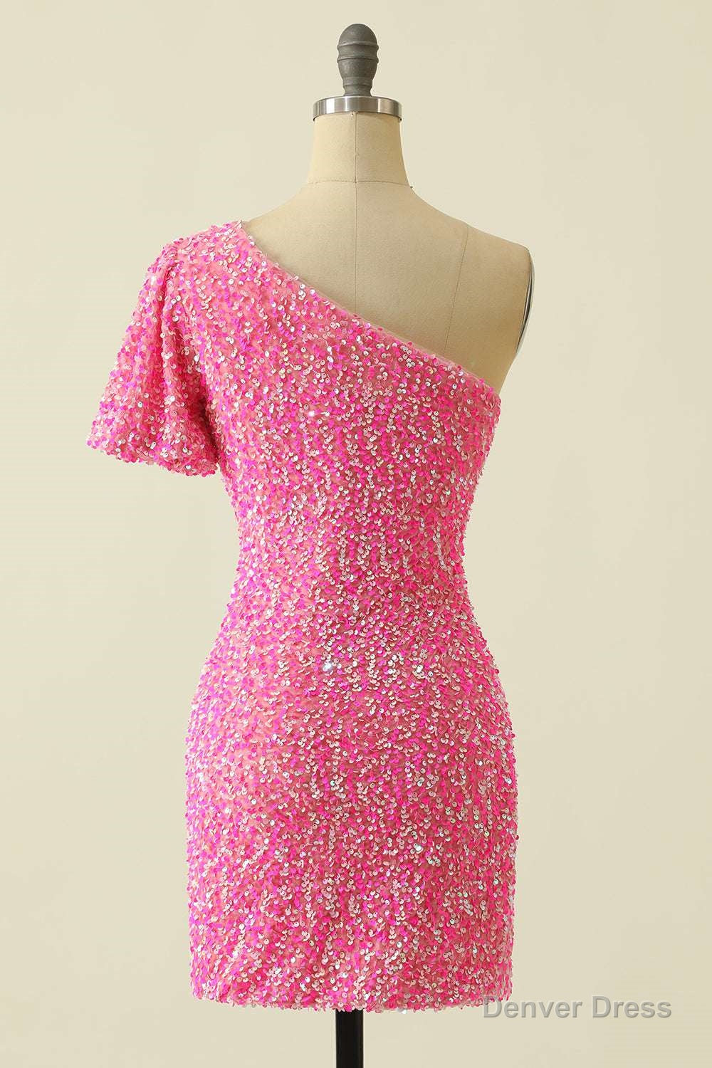 Pink Sequin One Sleeve Bodycon Homecoming Dresses
